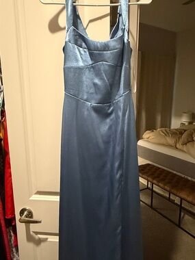 Azazie Steel Blue Satin Maxi Dress